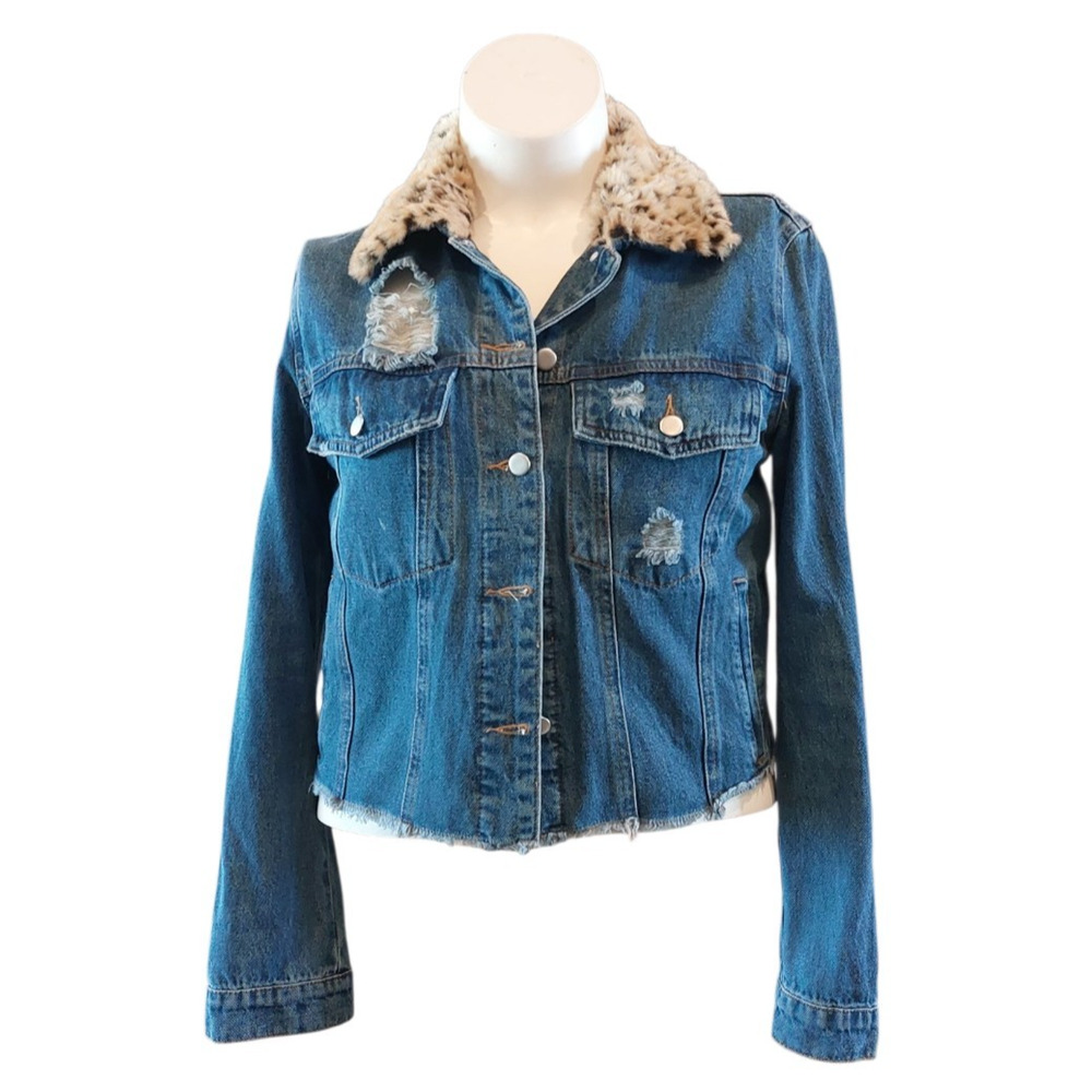 Y2K VTG JRoberts‎ Denim Jean Jacket Distressed Leopard Print Collar Size Large